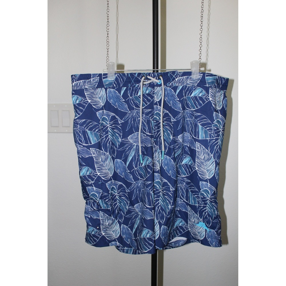 Tommy Bahama Swim‎ Trunks Men's Size L Blue Leaf Print Elastic Waist Drawstring
